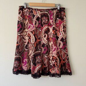 Womens Paisley Midi Skirt Silk Blend With Lace Hem